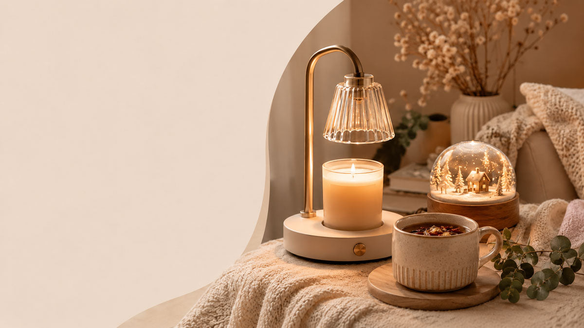 Candle warmer lamp and mug in a cozy room