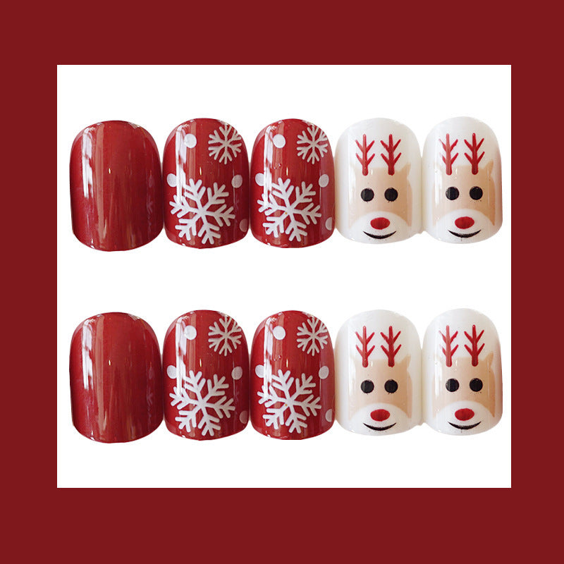 Festive Snowflake & Elk Cartoon Christmas Fake Nails – Cute Holiday Manicure for Kids & Teens
