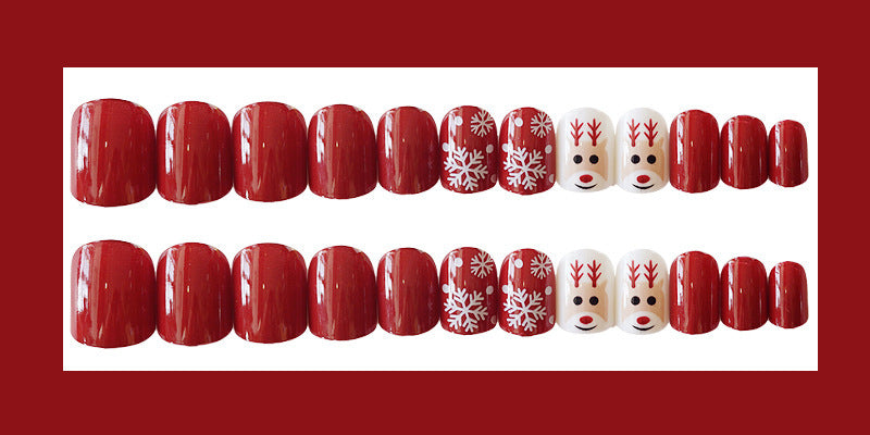 Festive Snowflake & Elk Cartoon Christmas Fake Nails – Cute Holiday Manicure for Kids & Teens