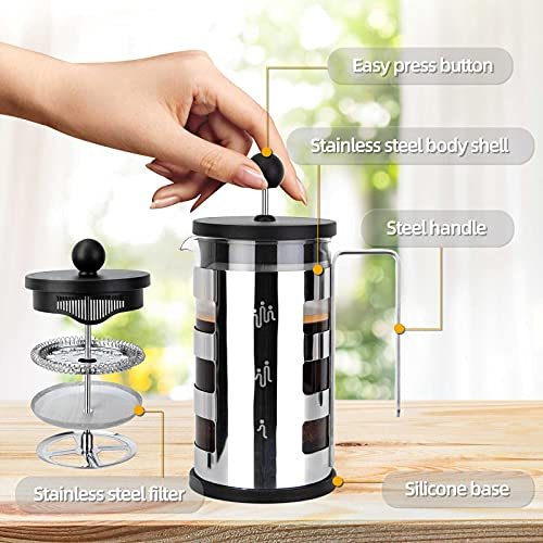 Stainless Steel French Press Coffee Maker: 4-Cup Heat Resistant Cafetiere with Dual Sizes 350ml & 600ml