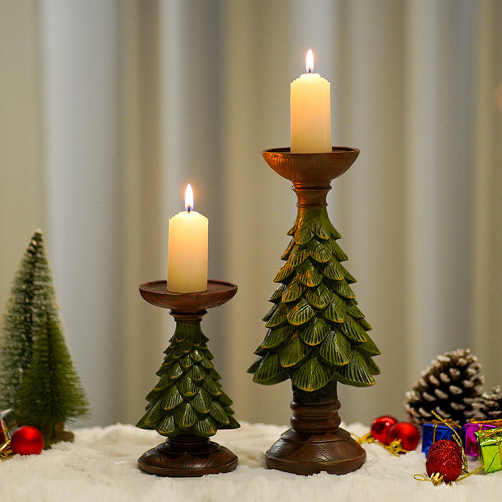 Rustic Resin & Wood Christmas Tree Candle Holder – Festive Figurine for Cozy Holiday Decor
