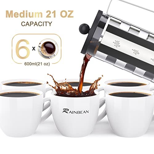 Stainless Steel French Press Coffee Maker: 4-Cup Heat Resistant Cafetiere with Dual Sizes 350ml & 600ml