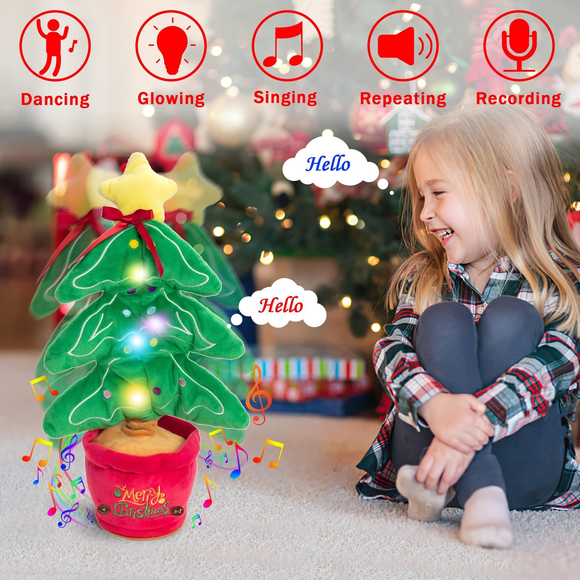 Dancing Talking Christmas Tree Toy – Singing Plush with Lights & Voice Repeat